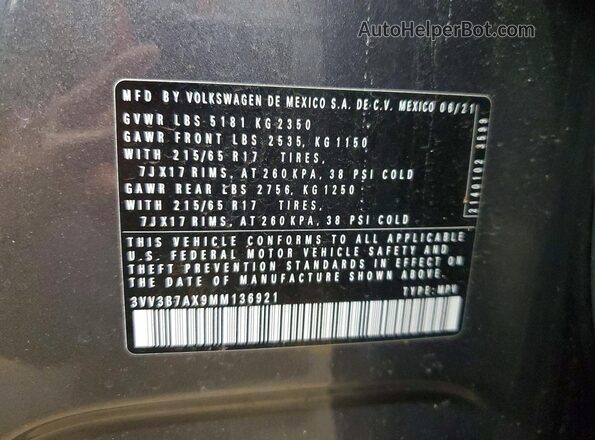 3VV3B7AX9MM136921 2021 VOLKSWAGEN TIGUAN Gray VIN კოდის სტიკერის ხედი