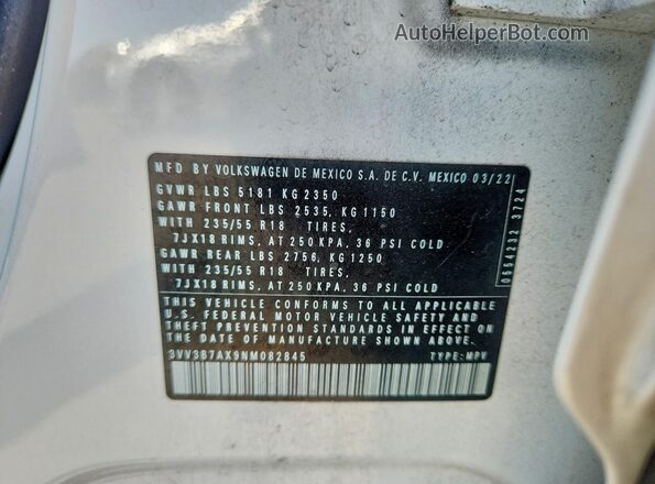3VV3B7AX9NM082845 2022 VOLKSWAGEN TIGUAN White Vista de la etiqueta del VIN
