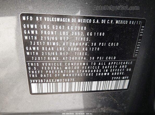 3VV3B7AXXJM026875 2018 VOLKSWAGEN TIGUAN Light Blue Շարժիչի բաժամունքի տեսք