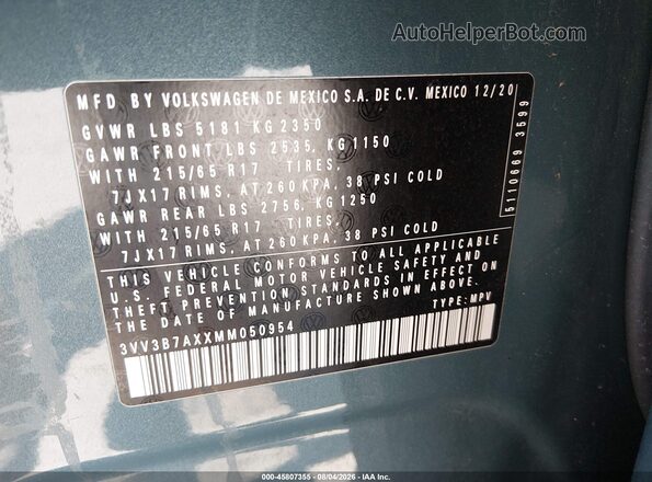 3VV3B7AXXMM050954 2021 VOLKSWAGEN TIGUAN Light Blue Вид подкапотного пространства