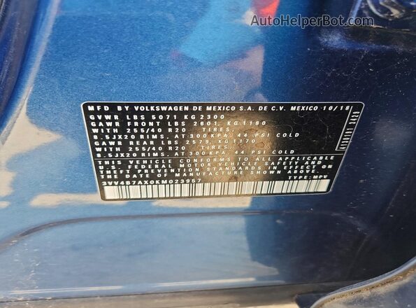 3VV4B7AX0KM023957 2019 VOLKSWAGEN TIGUAN Blue ძრავის განყოფილების ხედი