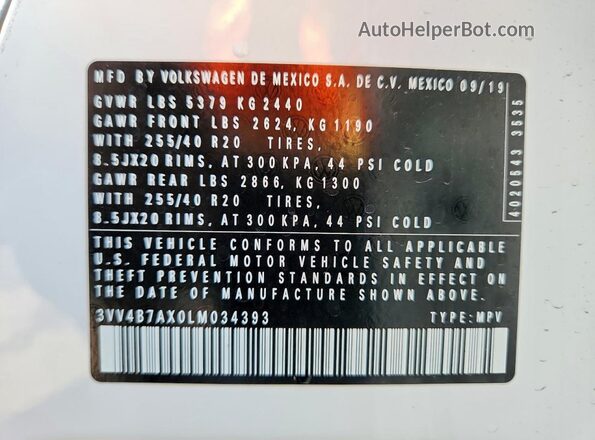 3VV4B7AX0LM034393 2020 VOLKSWAGEN TIGUAN White Widok wnętrza 360 stopni