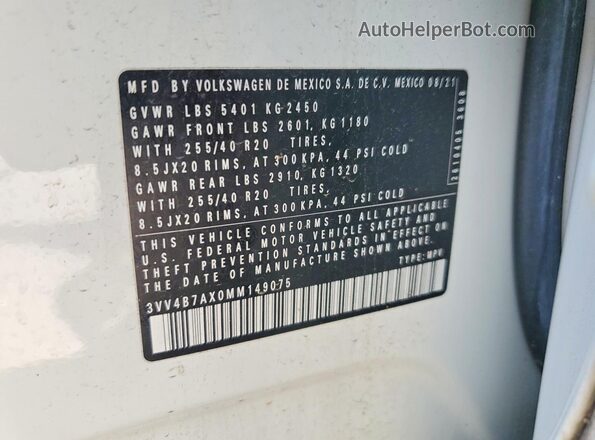 3VV4B7AX0MM149075 2021 VOLKSWAGEN TIGUAN White VIN կոդի պիտակի տեսք