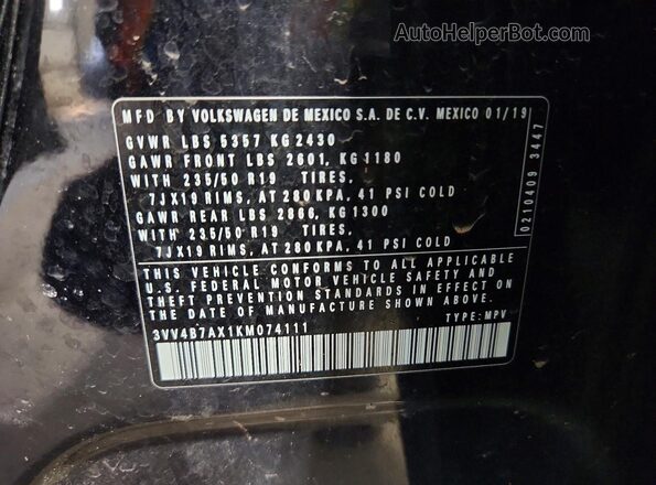 3VV4B7AX1KM074111 2019 VOLKSWAGEN TIGUAN Black Widok naklejki z numerem VIN
