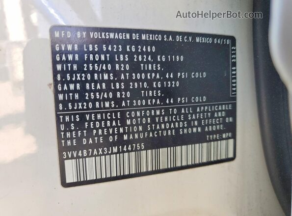 3VV4B7AX3JM144755 2018 VOLKSWAGEN TIGUAN White VIN კოდის სტიკერის ხედი