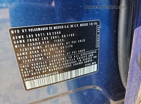 3VV4B7AX5KM031326 2019 VOLKSWAGEN TIGUAN Blue სალონის 360-გრადუსიანი ხედი