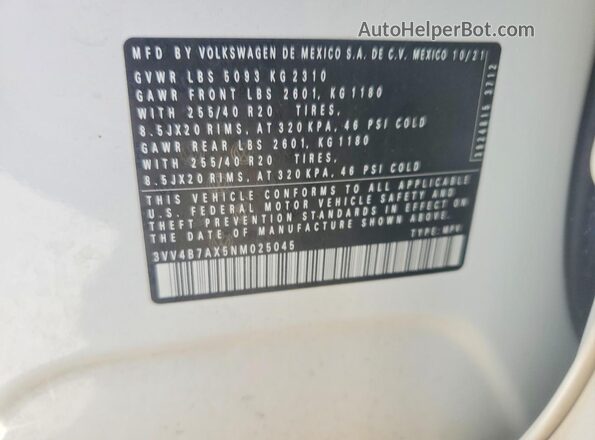 3VV4B7AX5NM025045 2022 VOLKSWAGEN TIGUAN Белый Панорамный вид салона 360°