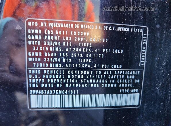 3VV4B7AX7KM041811 2019 VOLKSWAGEN TIGUAN Black Вид наклейки з VIN-кодом