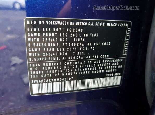 3VV4B7AX7MM042007 2021 VOLKSWAGEN TIGUAN Blue Вид наклейки з VIN-кодом