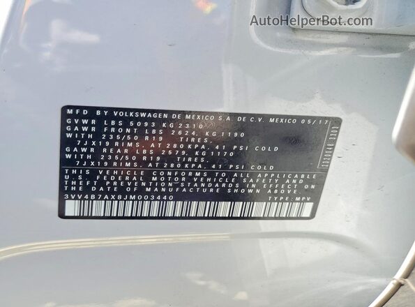 3VV4B7AX8JM003440 2018 VOLKSWAGEN TIGUAN Синий Вид наклейки с VIN-кодом