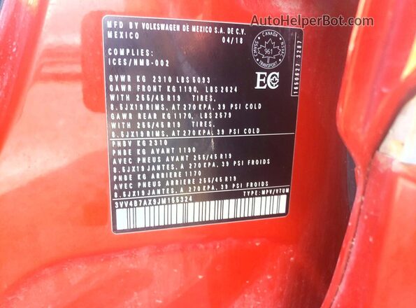3VV4B7AX9JM155324 2018 VOLKSWAGEN TIGUAN Orange ძრავის განყოფილების ხედი