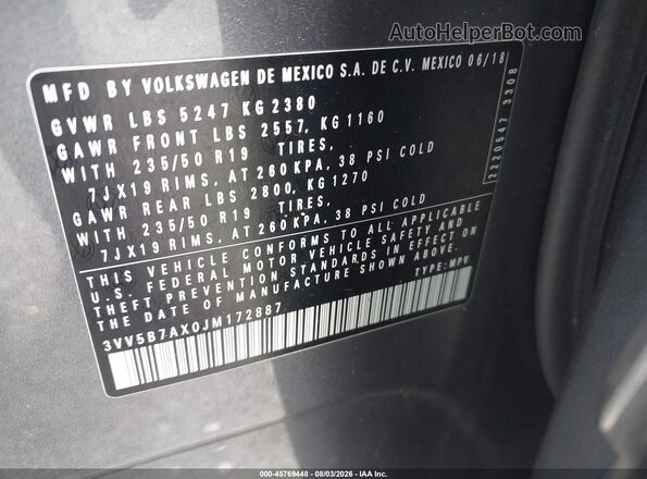 3VV5B7AX0JM172887 2018 VOLKSWAGEN TIGUAN Gray Շարժիչի բաժամունքի տեսք
