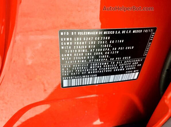 3VV5B7AX2JM061595 2018 VOLKSWAGEN TIGUAN Orange VIN կոդի պիտակի տեսք