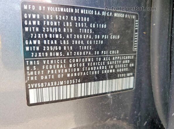 3VV5B7AX8JM103574 2018 VOLKSWAGEN TIGUAN Серый Вид наклейки с VIN-кодом