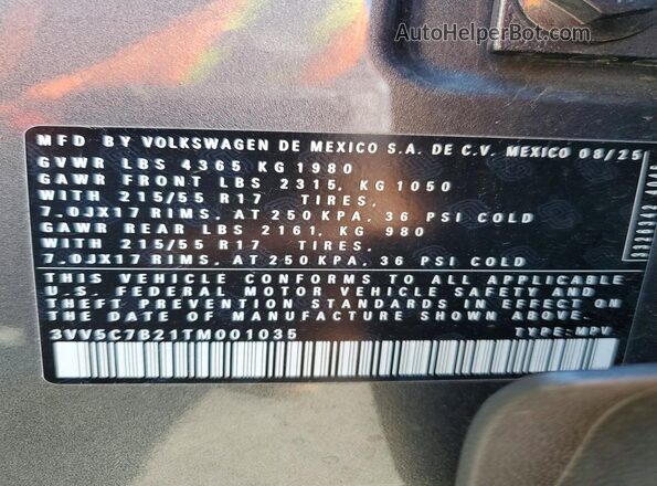 3VV5C7B21TM001035 2026 VOLKSWAGEN TAOS Gray Vista de la etiqueta del VIN