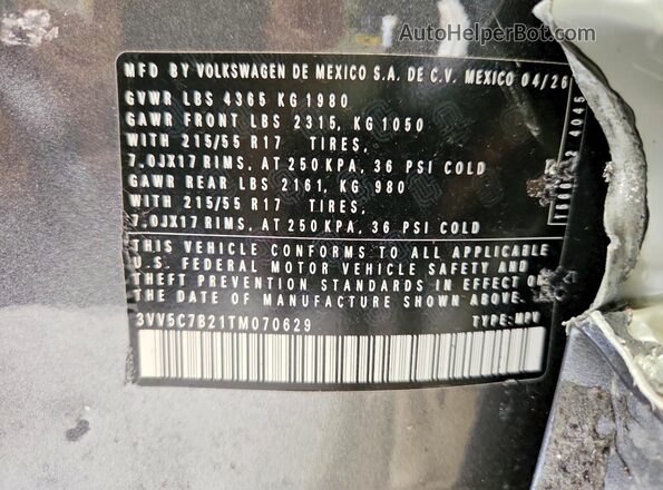 3VV5C7B21TM070629 2026 VOLKSWAGEN TAOS Gray Widok naklejki z numerem VIN