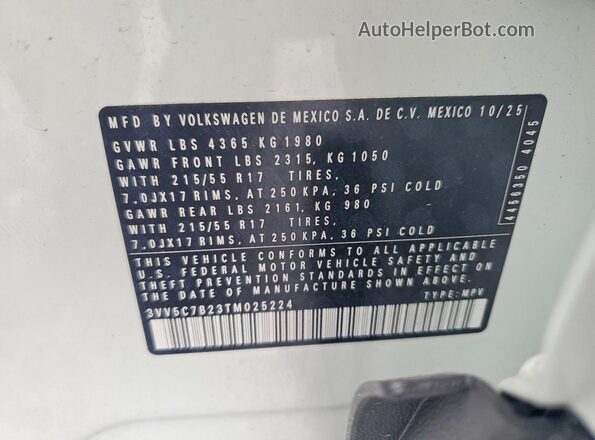 3VV5C7B23TM025224 2026 VOLKSWAGEN TAOS White VIN կոդի պիտակի տեսք