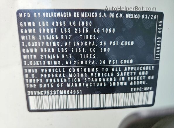 3VV5C7B23TM064931 2026 VOLKSWAGEN TAOS White Widok naklejki z numerem VIN
