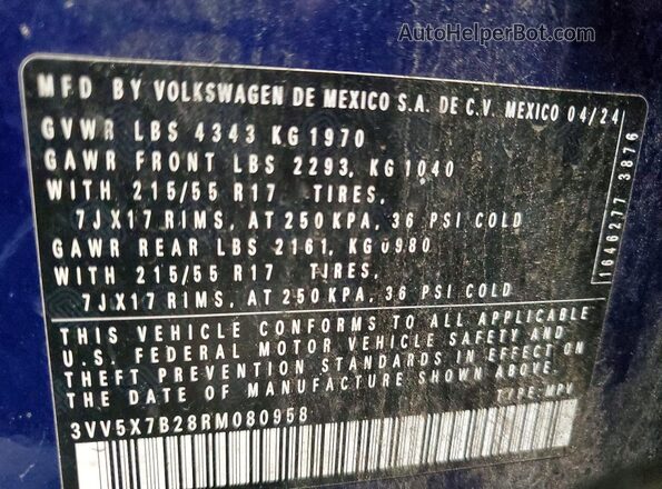 3VV5X7B28RM080958 2024 VOLKSWAGEN TAOS Blue Widok naklejki z numerem VIN