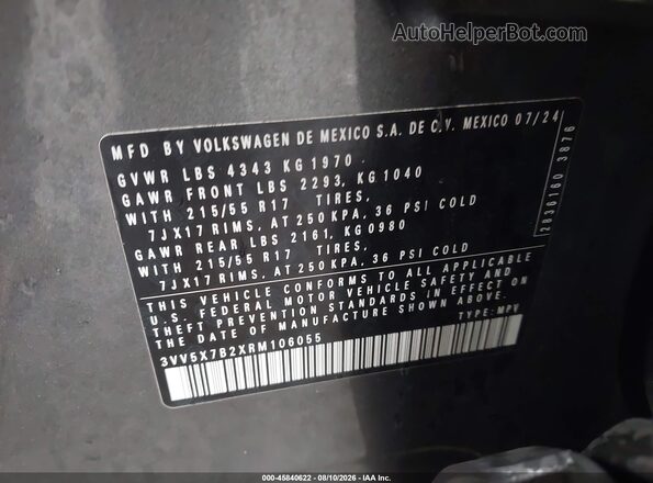 3VV5X7B2XRM106055 2024 VOLKSWAGEN TAOS Gray Vista del compartimento del motor