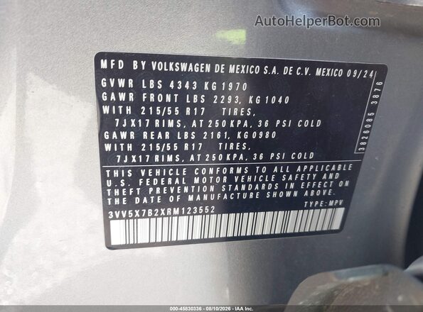 3VV5X7B2XRM123552 2024 VOLKSWAGEN TAOS Gray ძრავის განყოფილების ხედი