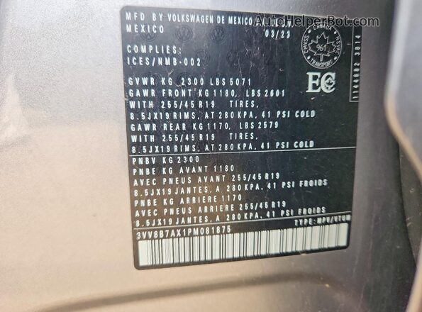 3VV8B7AX1PM081875 2023 VOLKSWAGEN TIGUAN Gray 360 interior view