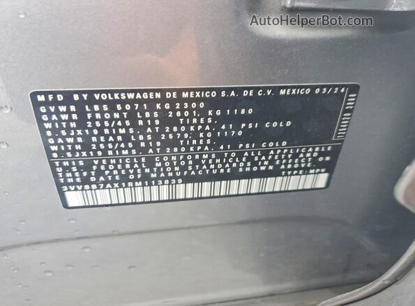 3VV8B7AX1RM113839 2024 VOLKSWAGEN TIGUAN Silver VIN կոդի պիտակի տեսք