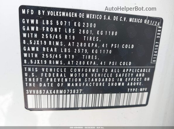 3VV8B7AX4RM073837 2024 VOLKSWAGEN TIGUAN White Շարժիչի բաժամունքի տեսք