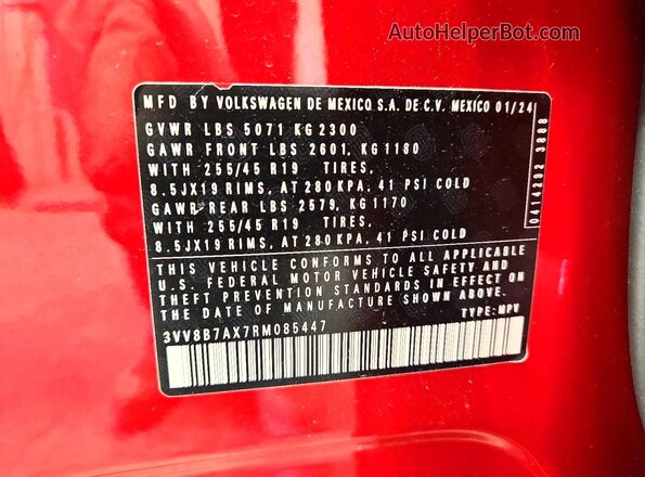 3VV8B7AX7RM085447 2024 VOLKSWAGEN TIGUAN Red VIN sticker view