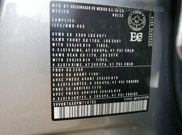 3VV8B7AX8PM114192 2023 VOLKSWAGEN TIGUAN Серый Панорамный вид салона 360°