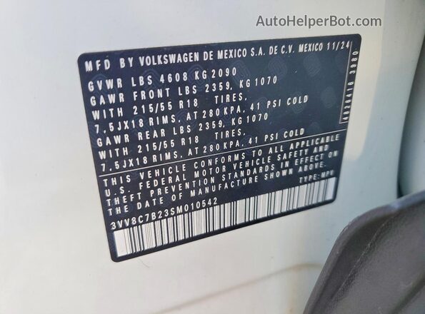 3VV8C7B23SM010542 2025 VOLKSWAGEN TAOS Белый Вид наклейки с VIN-кодом