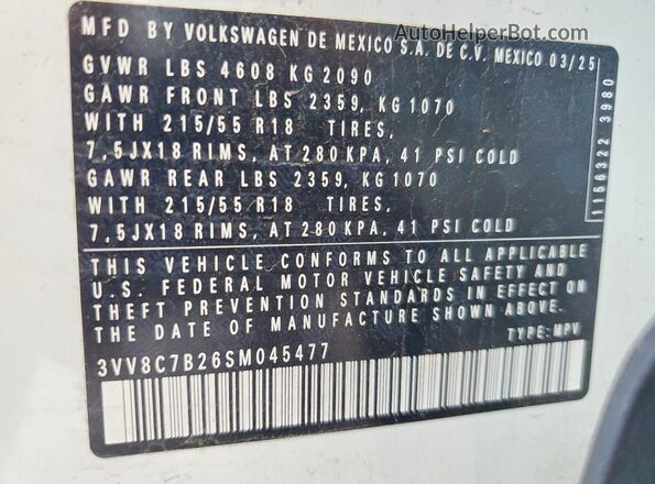 3VV8C7B26SM045477 2025 VOLKSWAGEN TAOS White Widok naklejki z numerem VIN