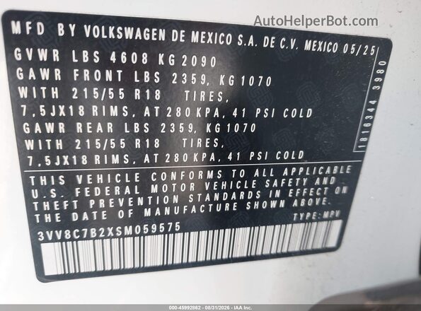 3VV8C7B2XSM059575 2025 VOLKSWAGEN TAOS White Շարժիչի բաժամունքի տեսք