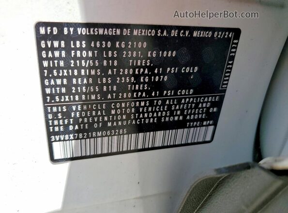 3VV8X7B21RM063285 2024 VOLKSWAGEN TAOS White Widok naklejki z numerem VIN