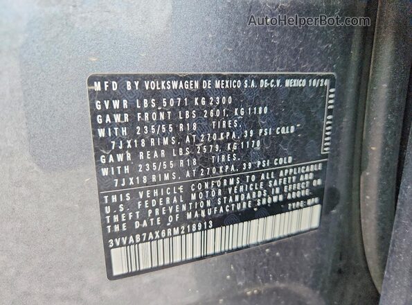 3VVAB7AX6RM218913 2024 VOLKSWAGEN TIGUAN Blue VIN კოდის სტიკერის ხედი