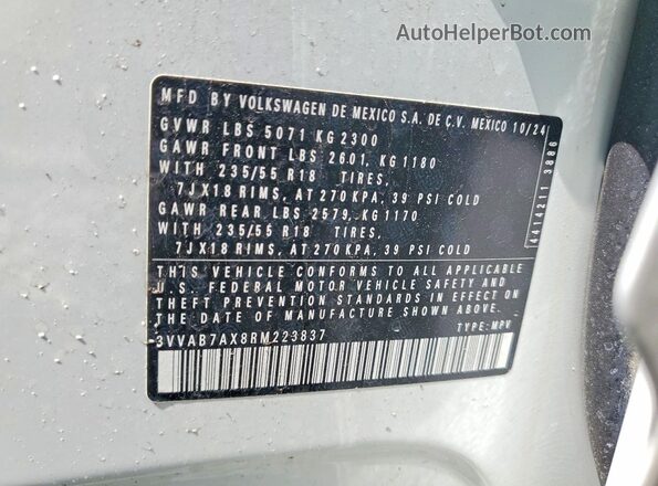 3VVAB7AX8RM223837 2024 VOLKSWAGEN TIGUAN White VIN კოდის სტიკერის ხედი