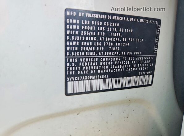 3VVCB7AX0PM134849 2023 VOLKSWAGEN TIGUAN White Widok wnętrza 360 stopni