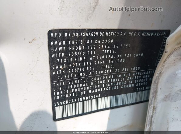 3VVCB7AX1NM069748 2022 VOLKSWAGEN TIGUAN White Вид підкапотного простору