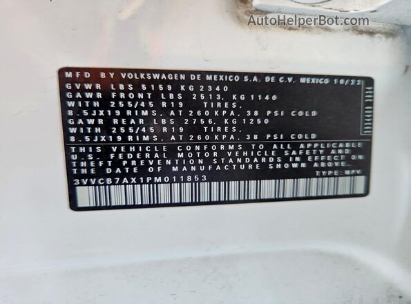 3VVCB7AX1PM011853 2023 VOLKSWAGEN TIGUAN White Vista interior de 360 grados