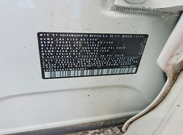 3VVCB7AX3PM049097 2023 VOLKSWAGEN TIGUAN White VIN sticker view