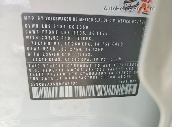 3VVCB7AX5NM069221 2022 VOLKSWAGEN TIGUAN White VIN კოდის სტიკერის ხედი