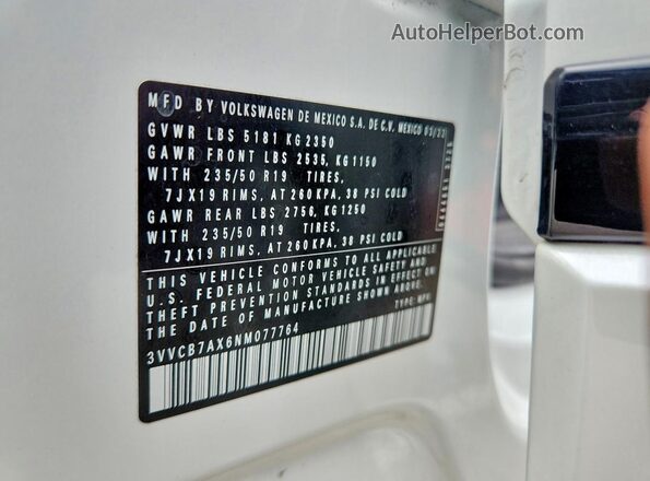 3VVCB7AX6NM077764 2022 VOLKSWAGEN TIGUAN White Вид наклейки з VIN-кодом