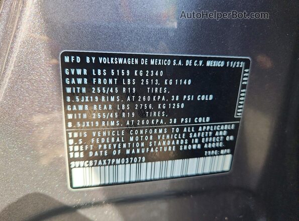 3VVCB7AX7PM037079 2023 VOLKSWAGEN TIGUAN Серый Вид наклейки с VIN-кодом
