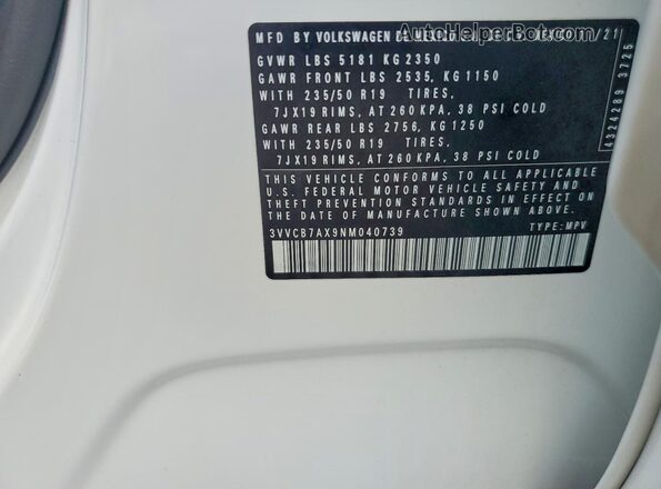 3VVCB7AX9NM040739 2022 VOLKSWAGEN TIGUAN White Vista interior de 360 grados
