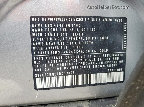 3VVCR7RM0TM017028 2026 VOLKSWAGEN TIGUAN Silver VIN sticker view