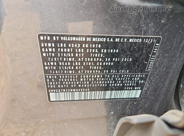 3VVCX7B22NM049545 2022 VOLKSWAGEN TAOS Gray Widok komory silnika