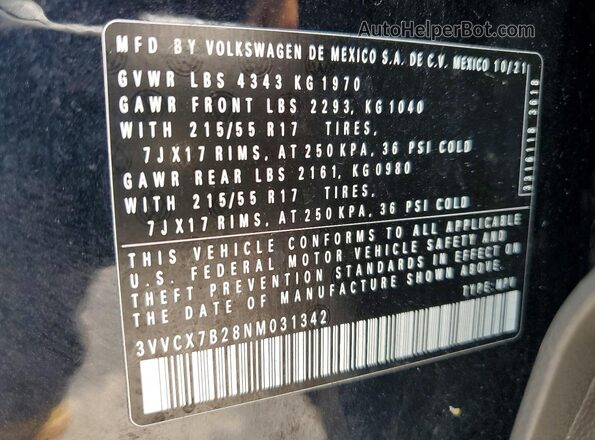 3VVCX7B28NM031342 2022 VOLKSWAGEN TAOS Black VIN sticker view