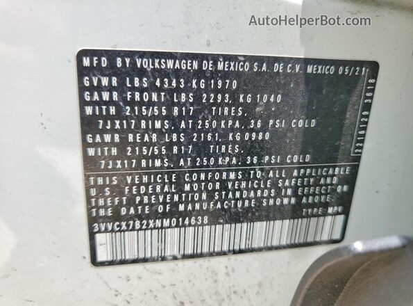 3VVCX7B2XNM014638 2022 VOLKSWAGEN TAOS Белый Вид наклейки с VIN-кодом