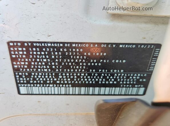 3VVDX7B21PM319405 2023 VOLKSWAGEN TAOS White Вид наклейки з VIN-кодом