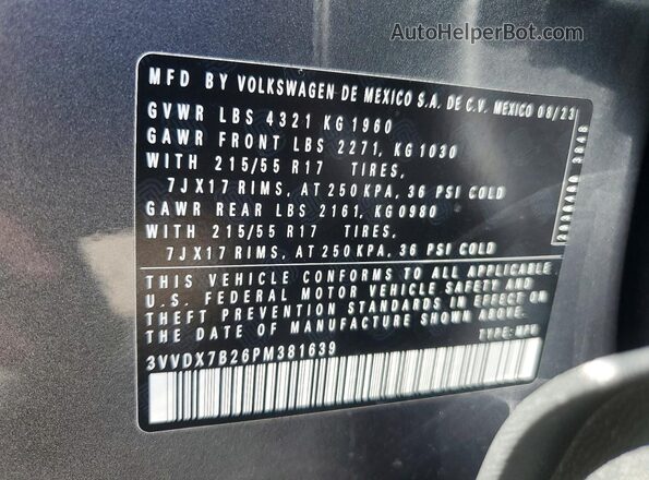 3VVDX7B26PM381639 2023 VOLKSWAGEN TAOS Серый Вид наклейки с VIN-кодом